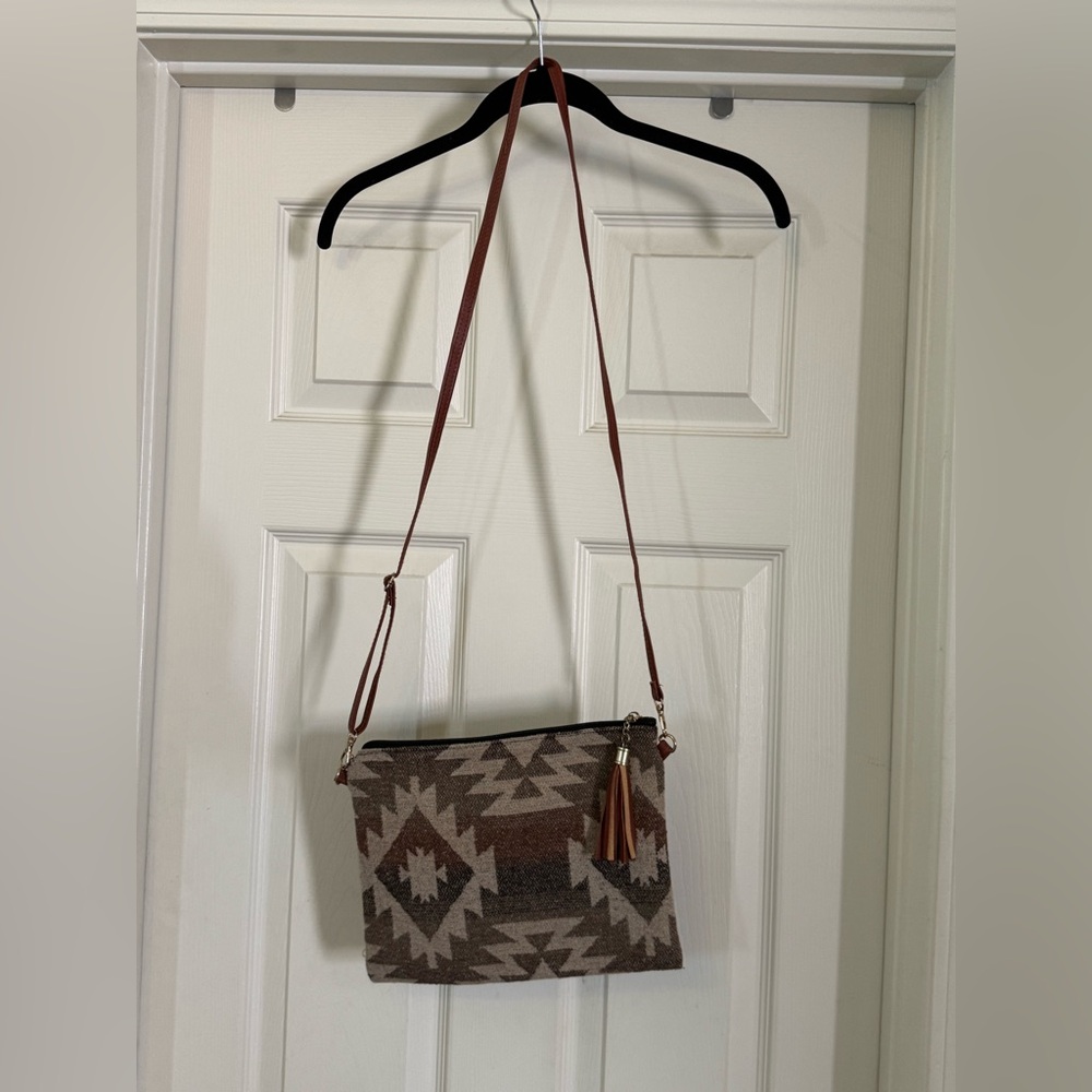 Geometric Patterned Brown Crossbody Bag - Picture 1 of 1